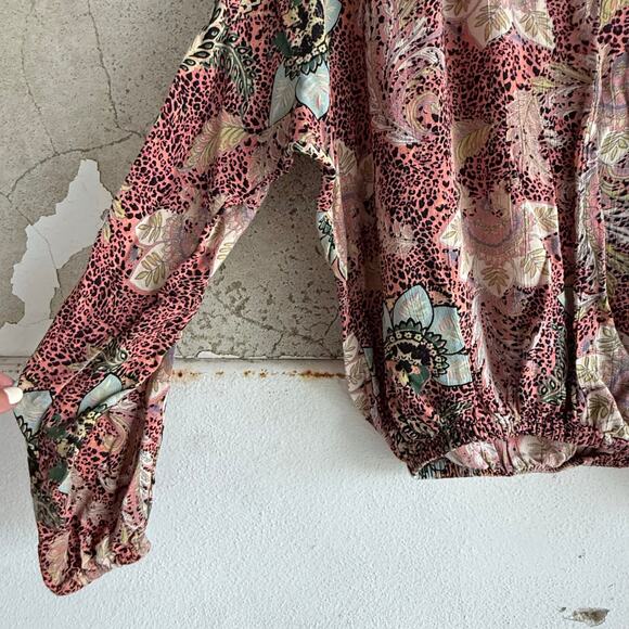 Boho Peasant Top Animal Print Floral Blouse 100% Rayon Long Sleeve Women's S - Picture 2 of 6